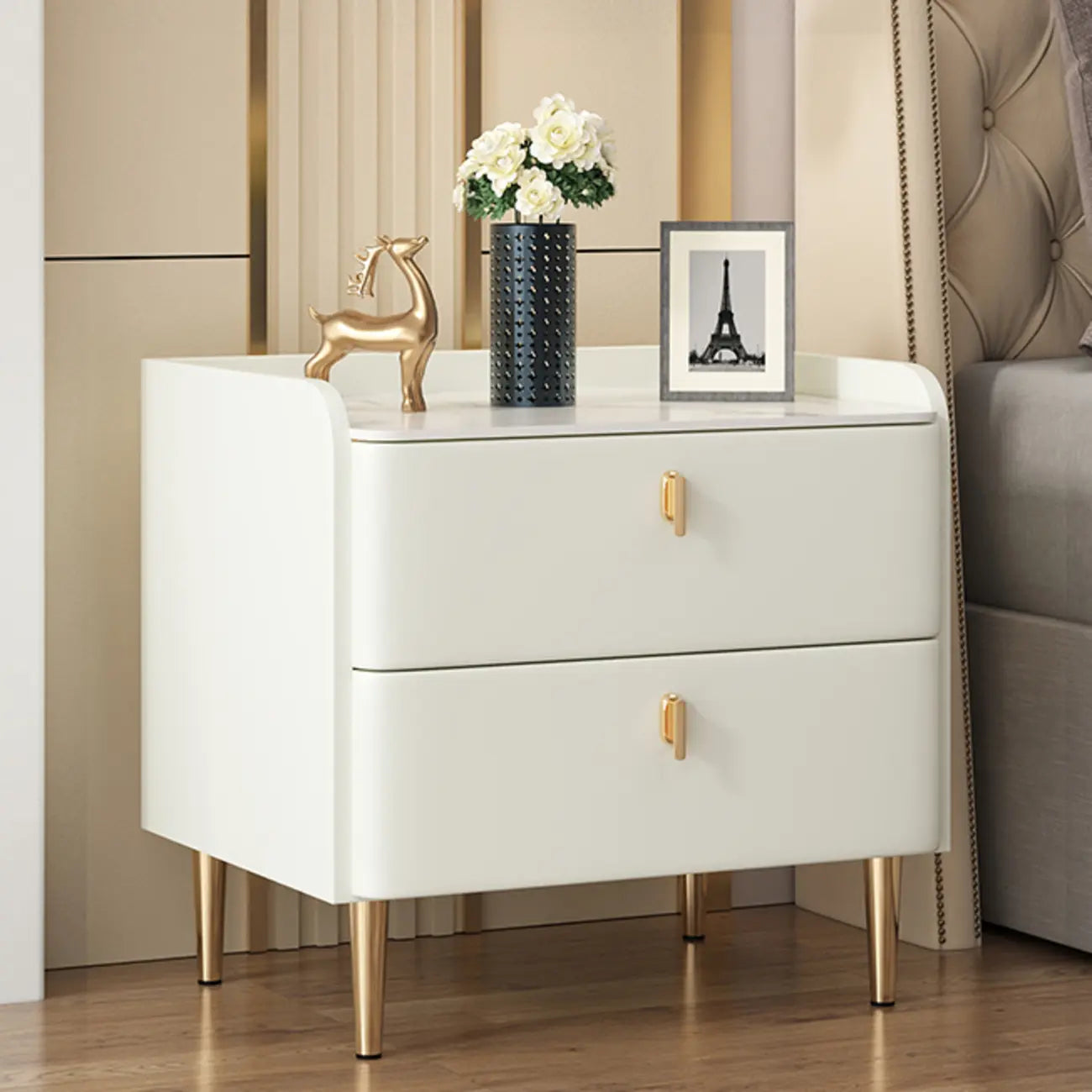 Trendy Stone Leather Gold Accents 2-Drawer Nightstand