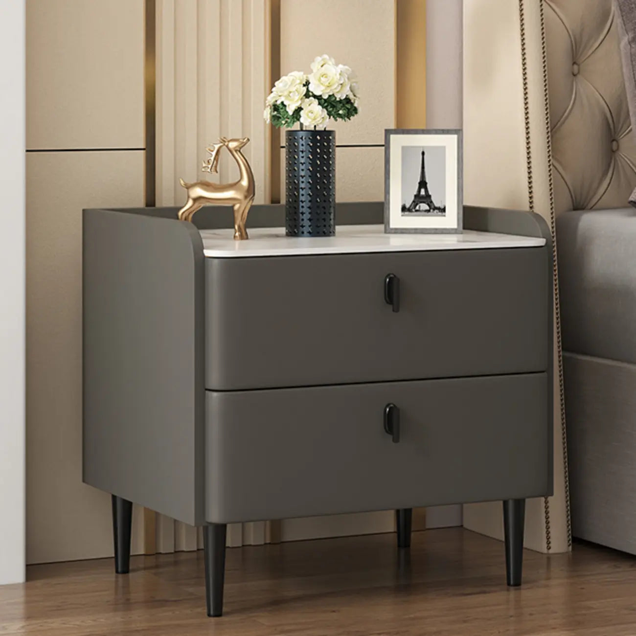 Trendy Stone Leather Gold Accents 2-Drawer Nightstand