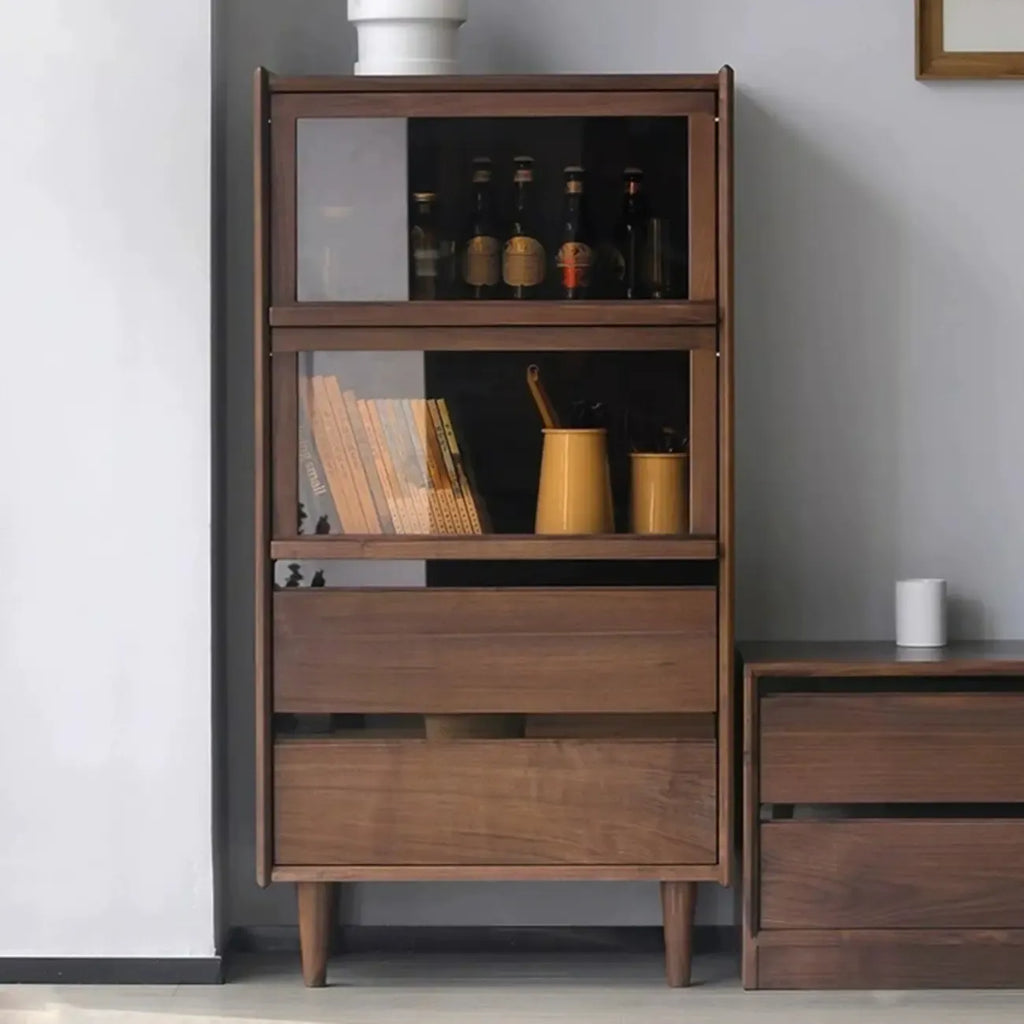 Rustic Brown Wood Flip-Up Glass Storage Cabinet with Drawers