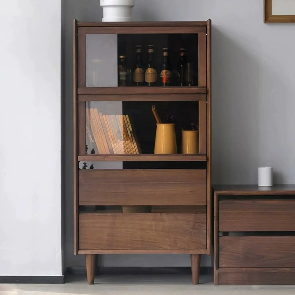 Rustic Brown Wood Flip-Up Glass Storage Cabinet with Drawers
