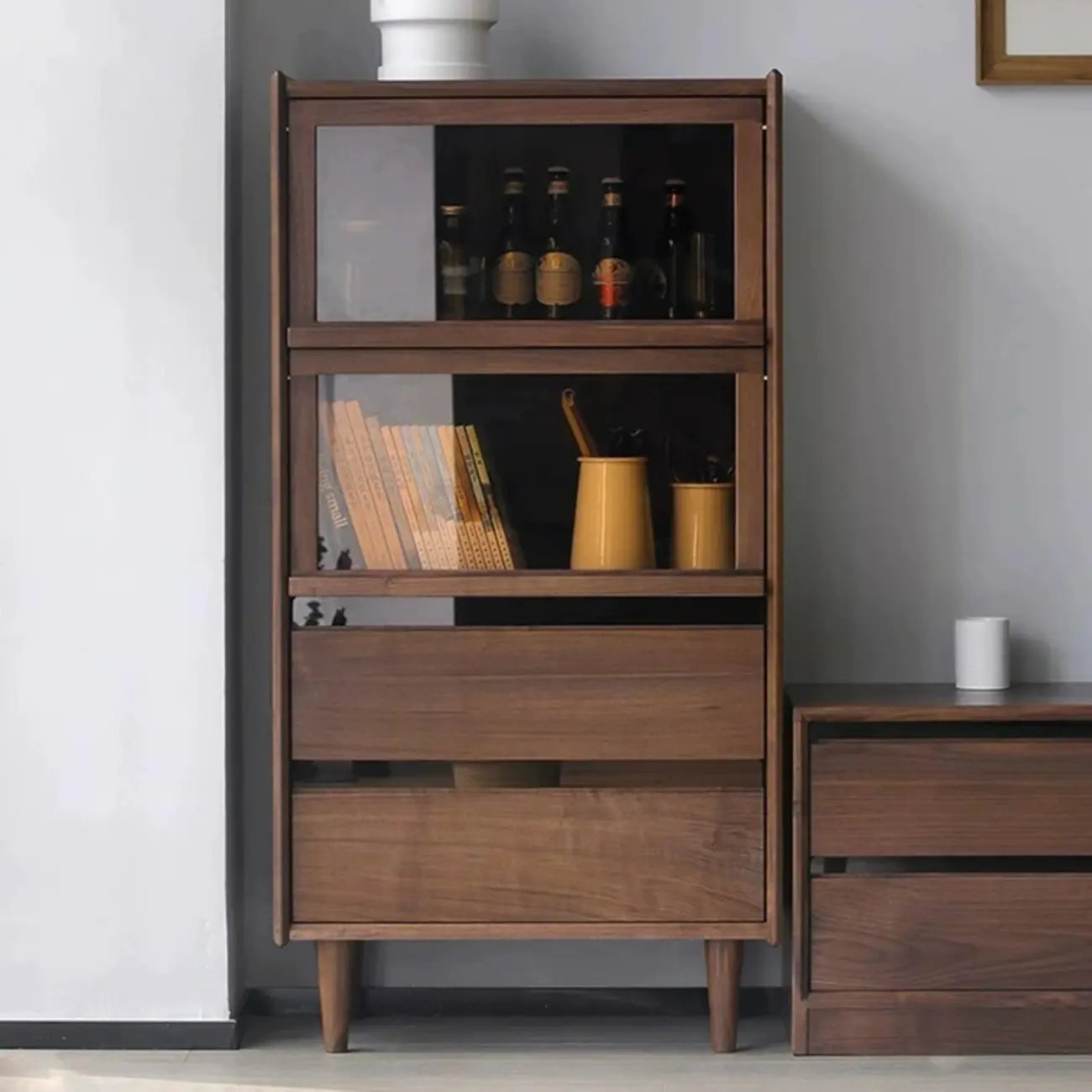 Rustic Brown Wood Flip-Up Glass Storage Cabinet with Drawers