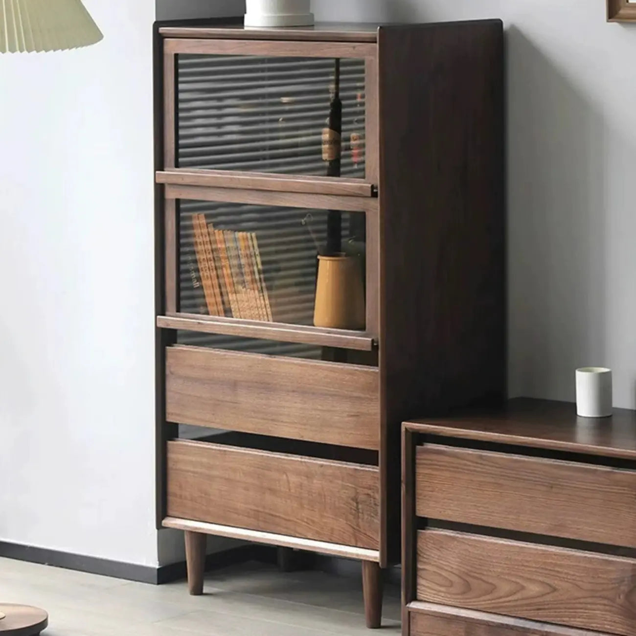 Rustic Brown Wood Flip-Up Glass Storage Cabinet with Drawers