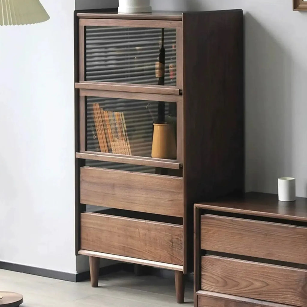 Rustic Brown Wood Flip-Up Glass Storage Cabinet with Drawers