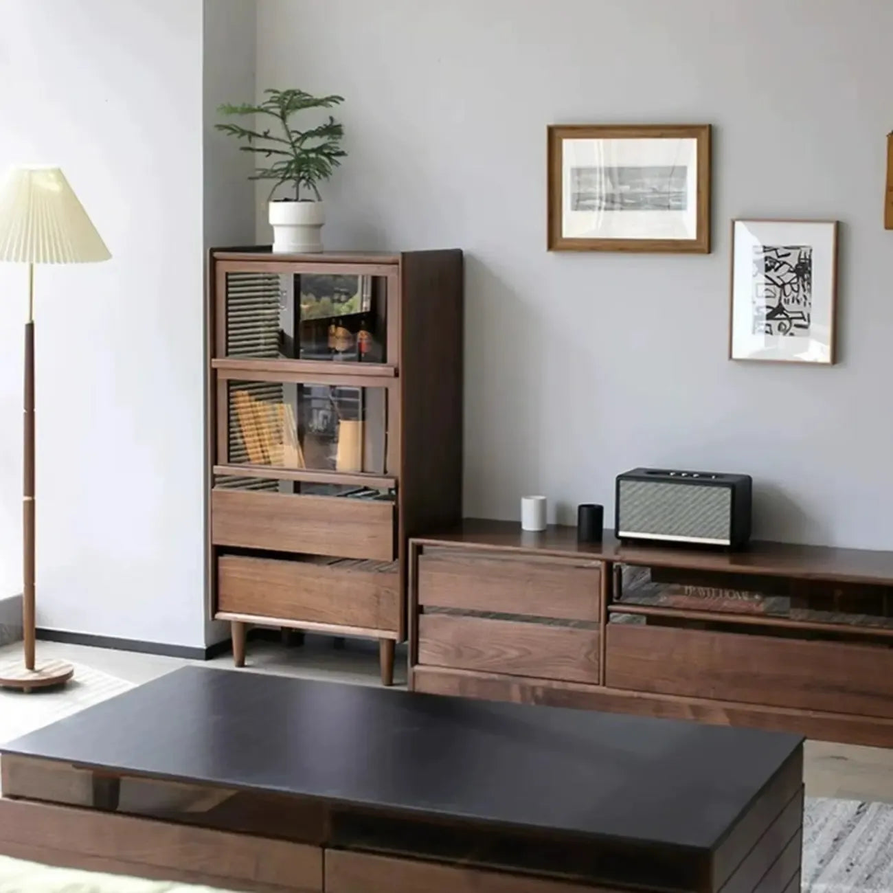 Rustic Brown Wood Flip-Up Glass Storage Cabinet with Drawers