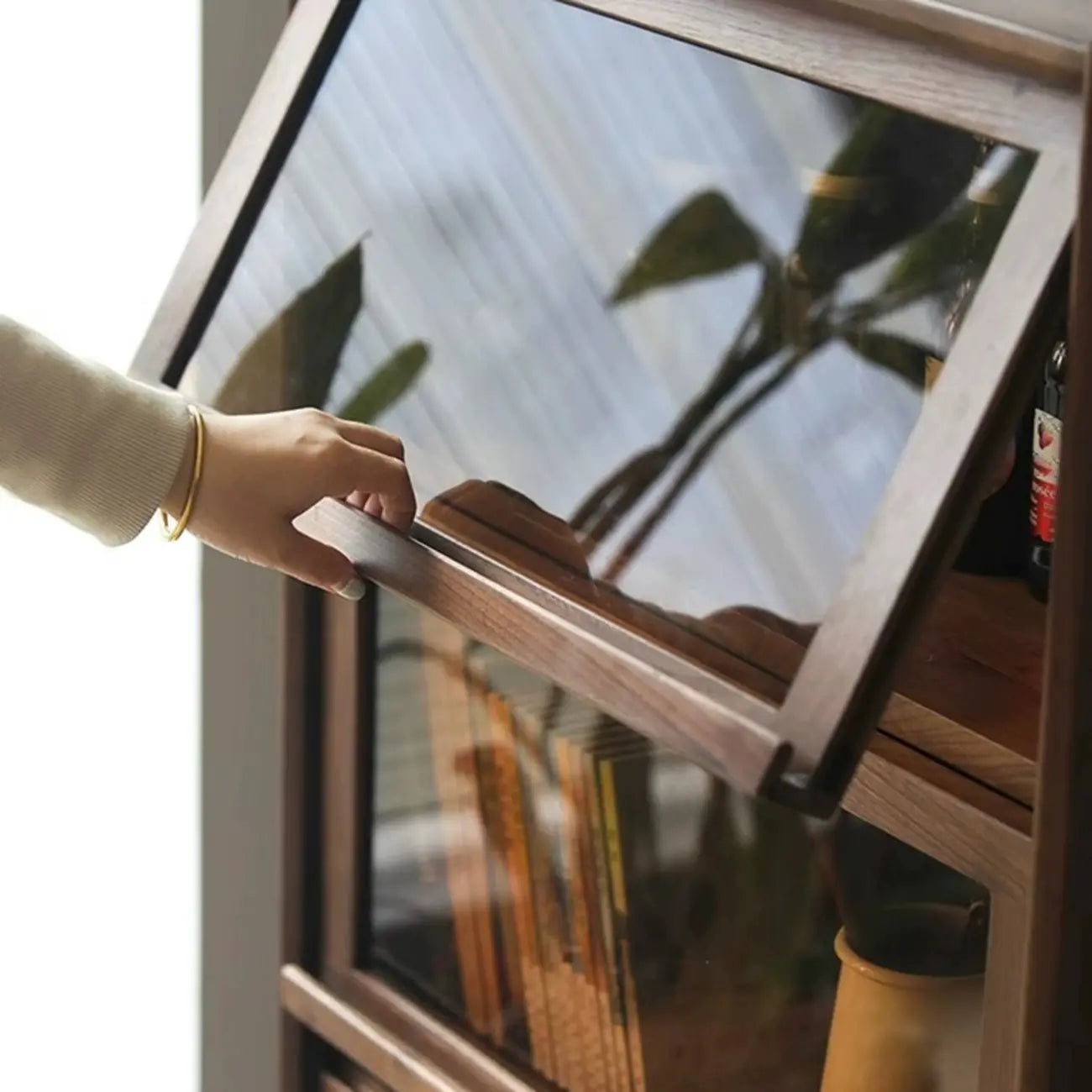 Rustic Brown Wood Flip-Up Glass Storage Cabinet with Drawers