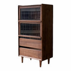 Rustic Brown Wood Flip-Up Glass Storage Cabinet with Drawers