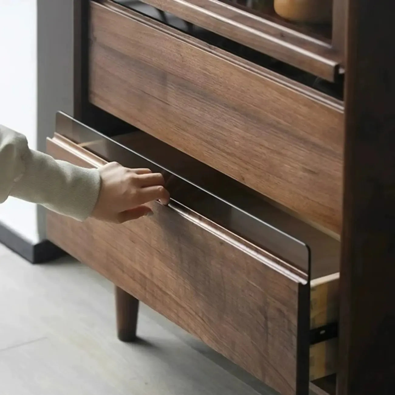 Rustic Brown Wood Flip-Up Glass Storage Cabinet with Drawers
