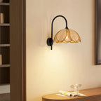 Rustic Rattan Flower Black Wall Sconce for Bedroom Decor