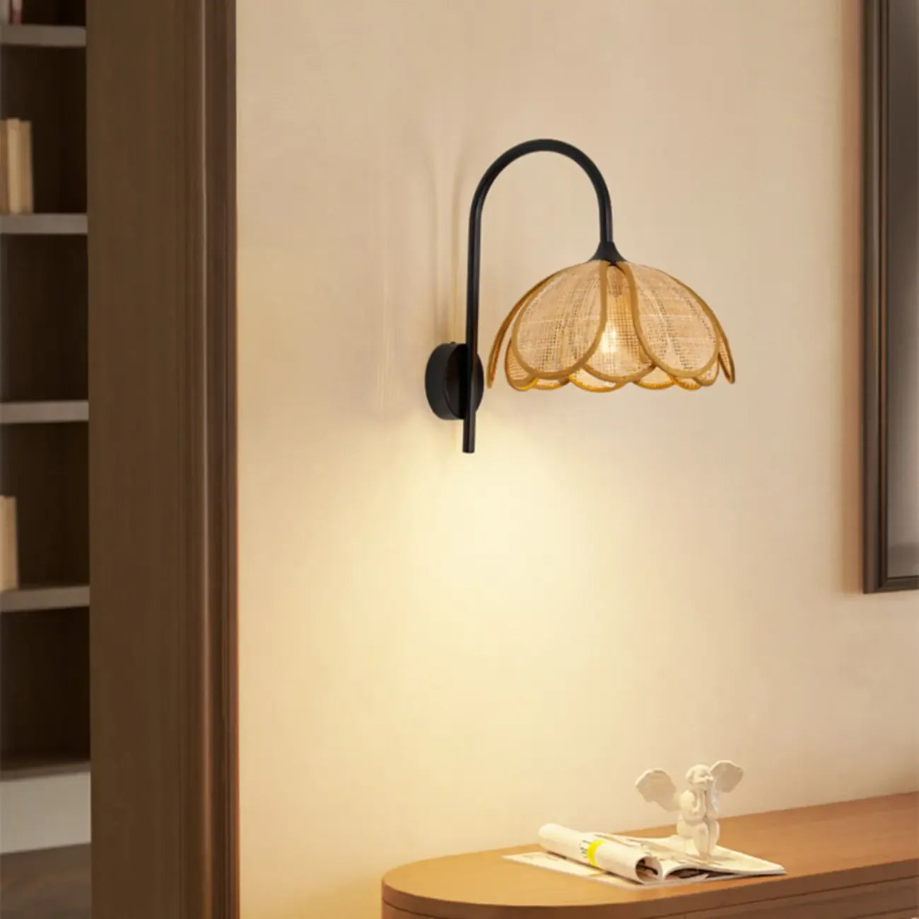 Rustic Rattan Flower Black Wall Sconce for Bedroom Decor