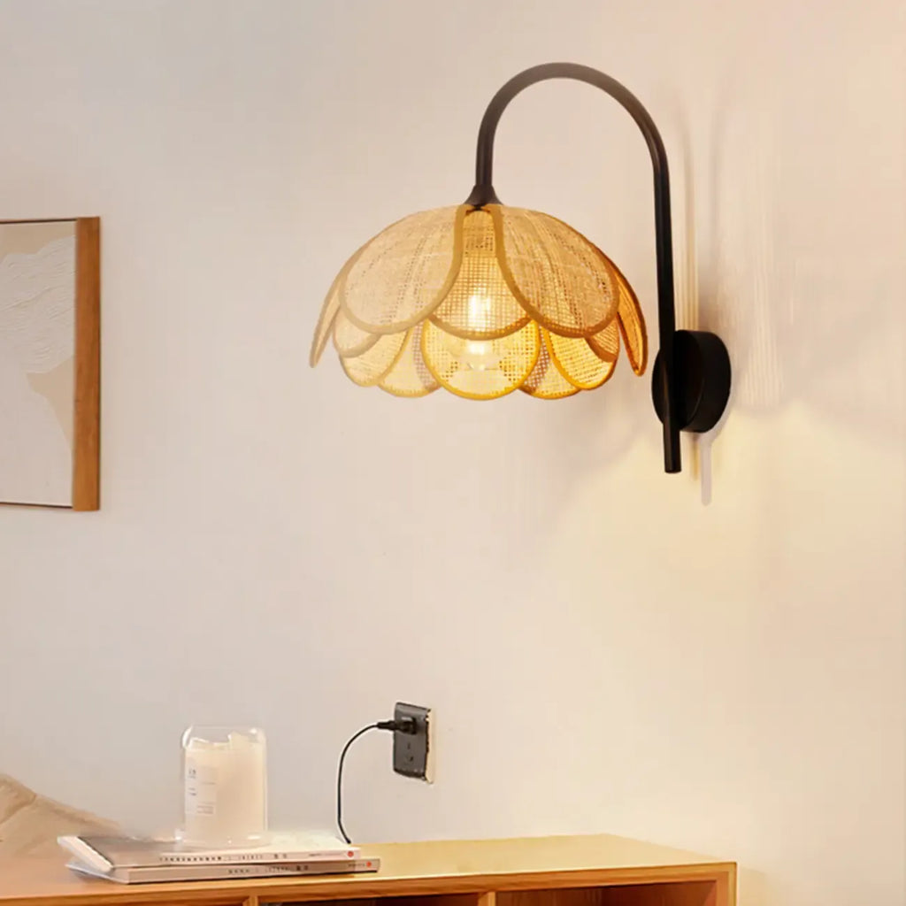 Rustic Rattan Flower Black Wall Sconce for Bedroom Decor