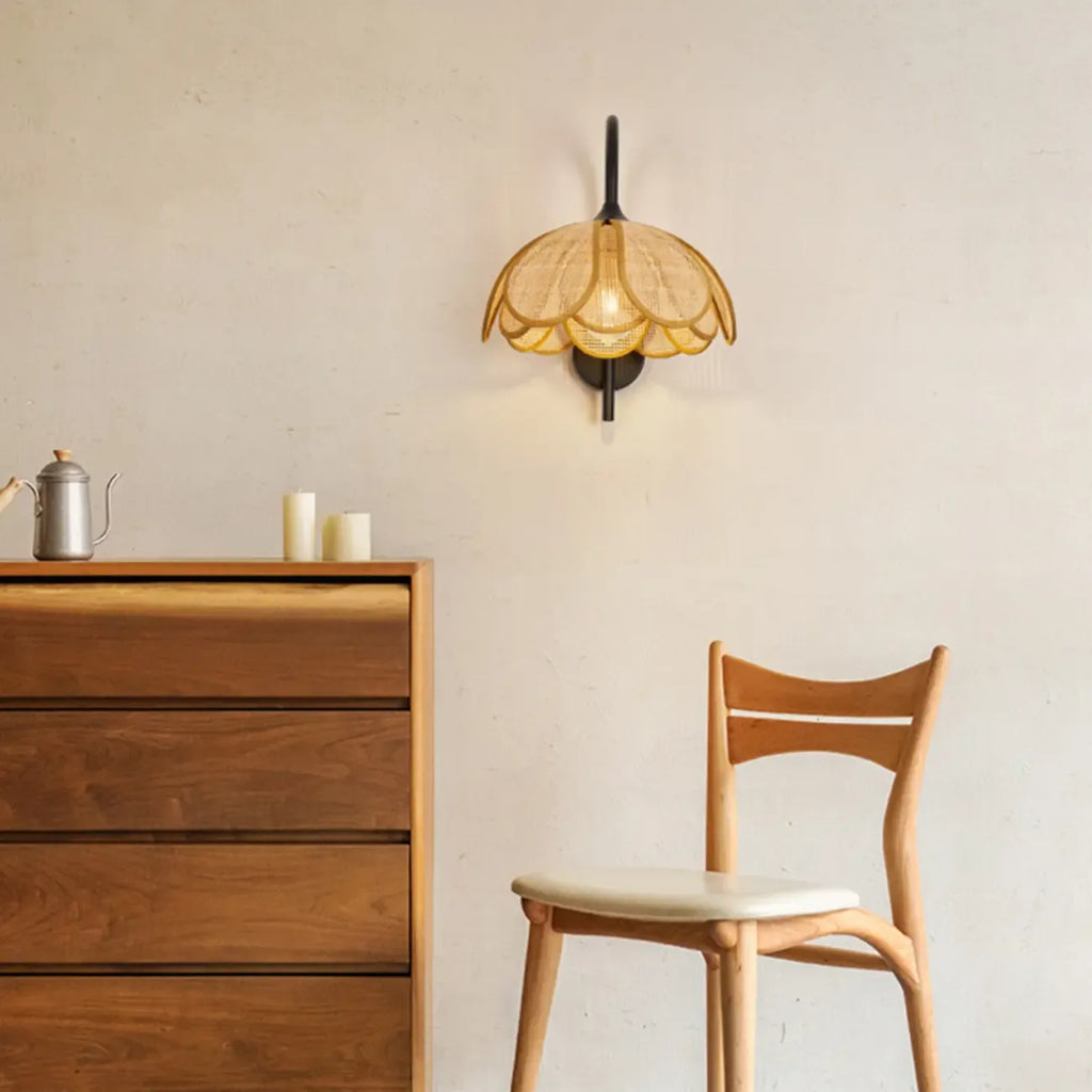 Rustic Rattan Flower Black Wall Sconce for Bedroom Decor