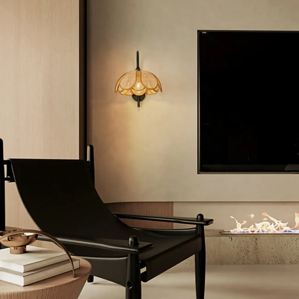 Rustic Rattan Flower Black Wall Sconce for Bedroom Decor