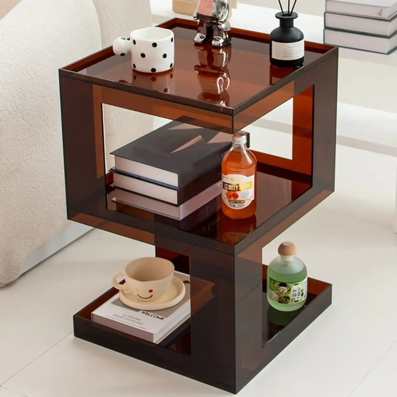 Glam Acrylic Square End Table with Open Storage for Living Room