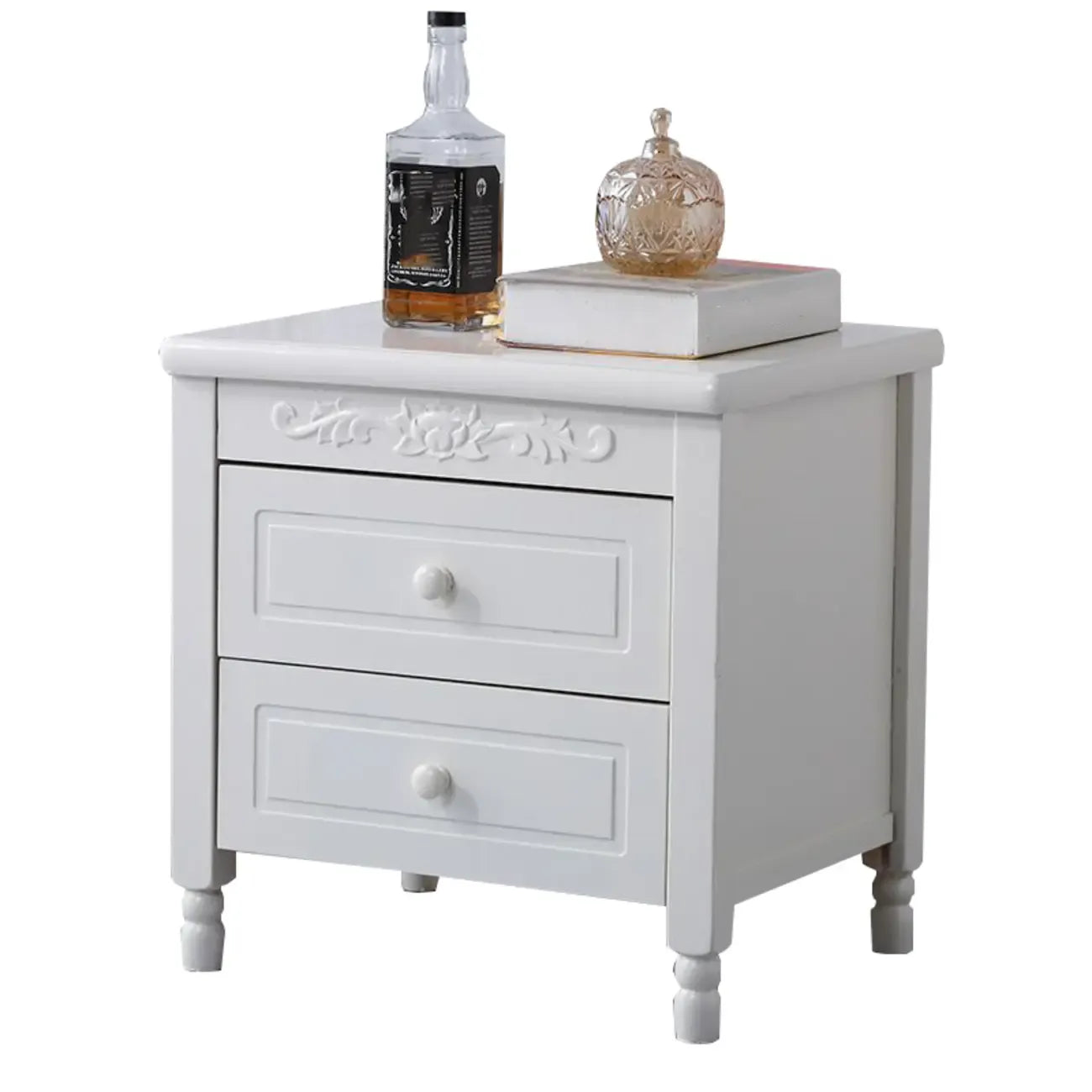 Classic Wood White Carved 2-Drawer Nightstand