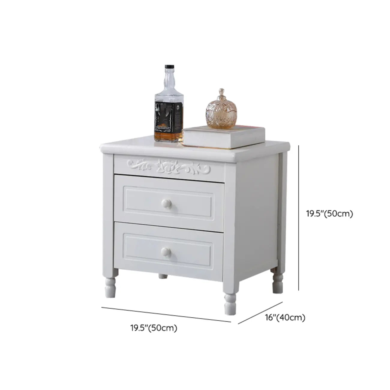 Classic Wood White Carved 2-Drawer Nightstand