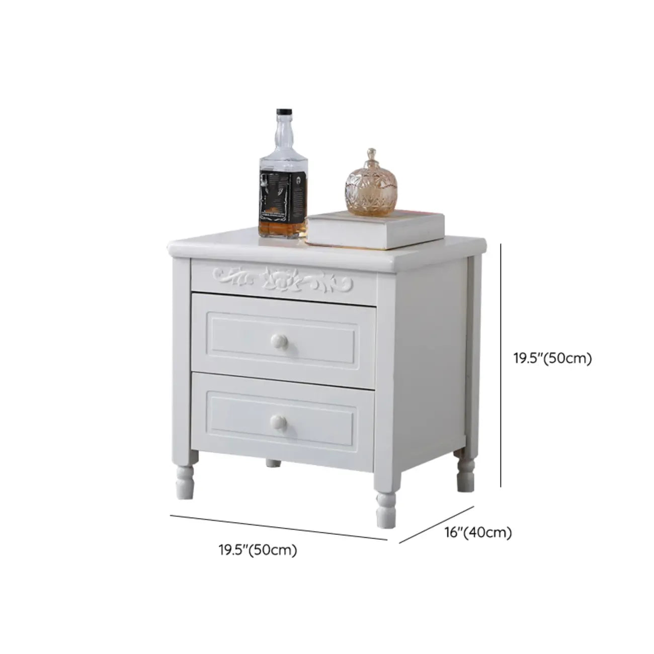 Classic Wood White Carved 2-Drawer Nightstand