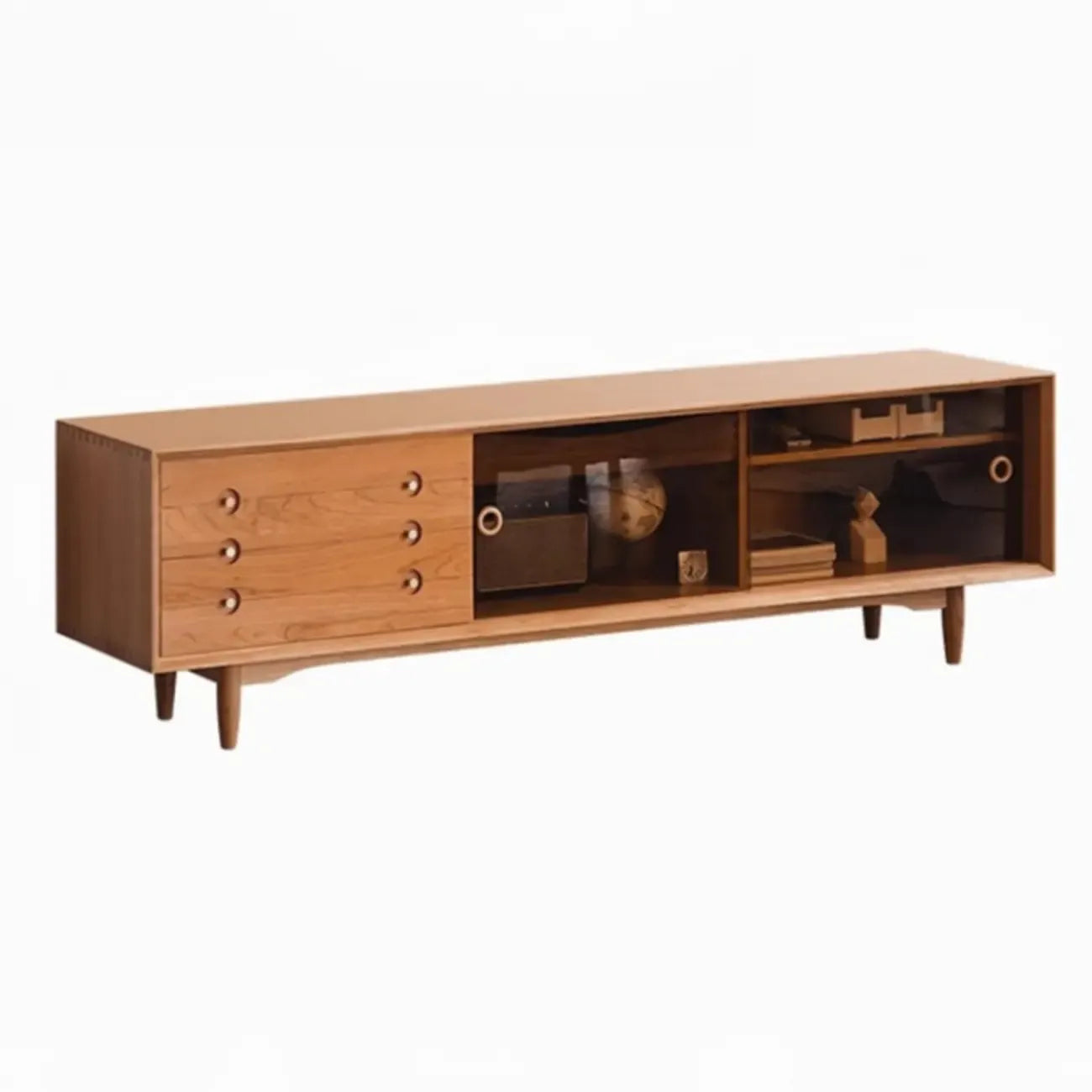 Long Scandinavian Cherry Wood TV Stand with Door