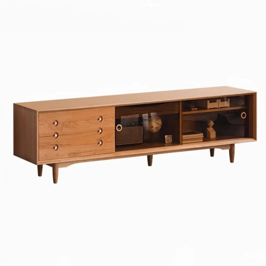 Long Scandinavian Cherry Wood TV Stand with Door