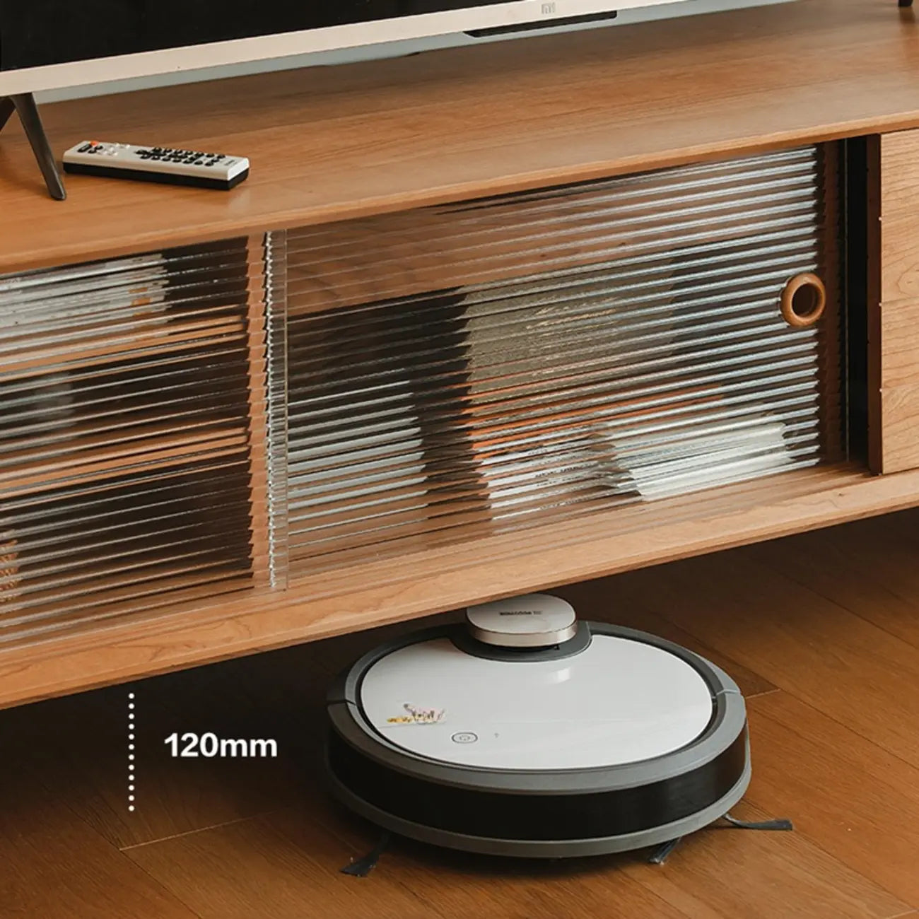 Long Scandinavian Cherry Wood TV Stand with Door