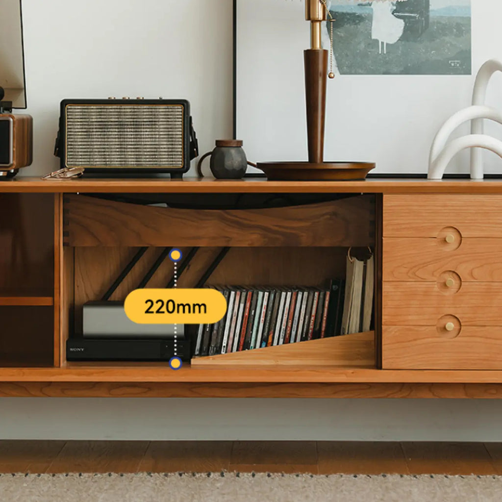 Long Scandinavian Cherry Wood TV Stand with Door