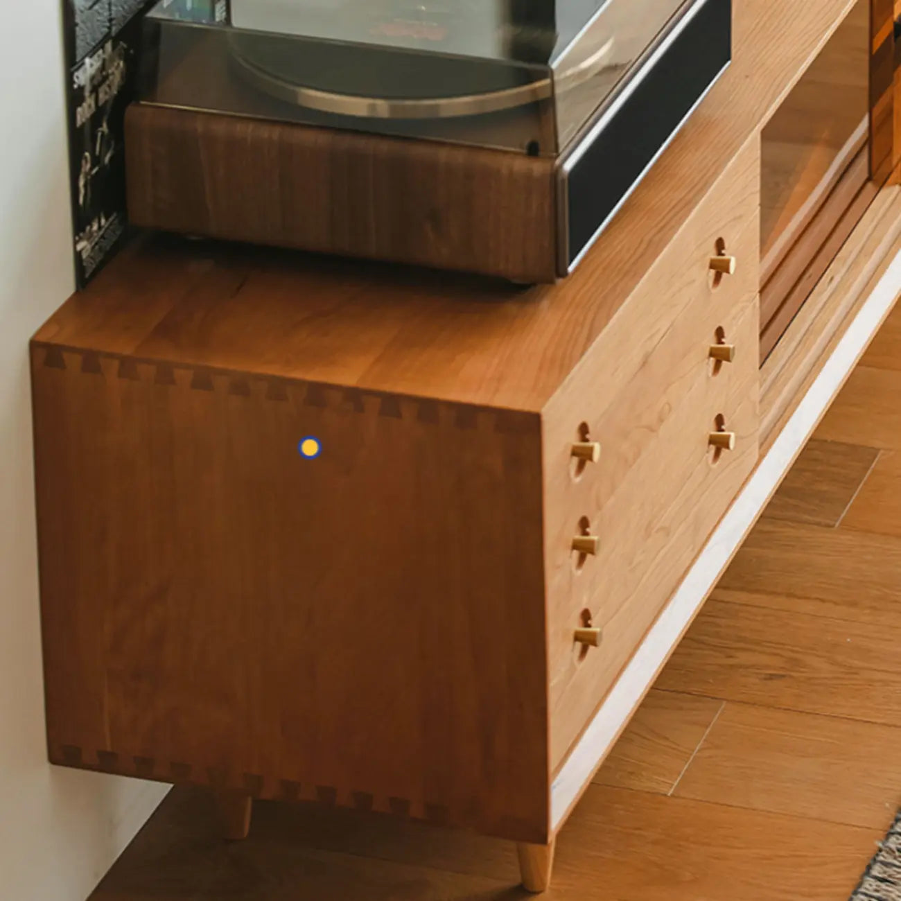 Long Scandinavian Cherry Wood TV Stand with Door