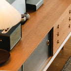 Long Scandinavian Cherry Wood TV Stand with Door