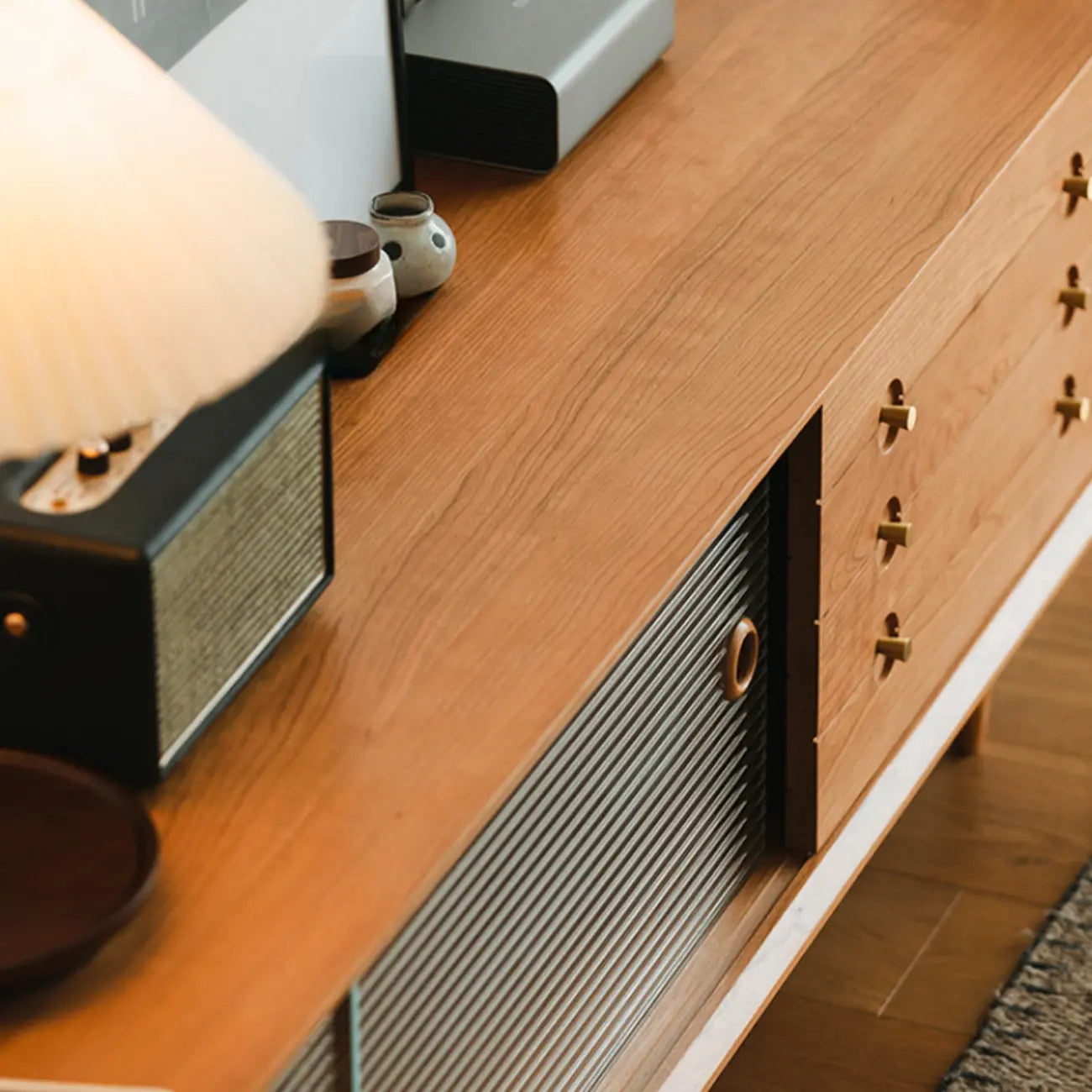 Long Scandinavian Cherry Wood TV Stand with Door