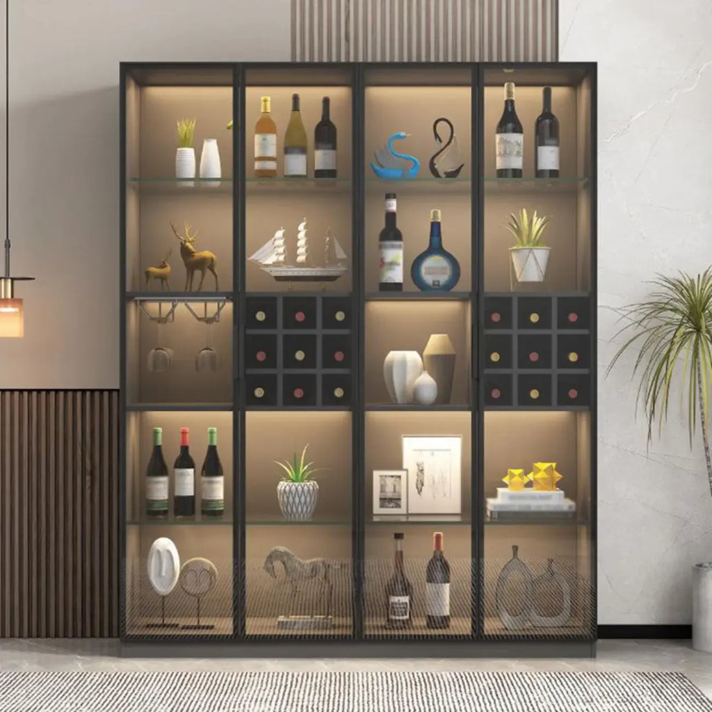 Lighting Black Wooden Floor Wine Cabinet with Glass Doors