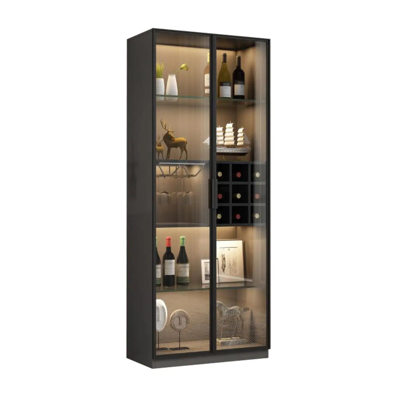 Lighting Black Wooden Floor Wine Cabinet with Glass Doors