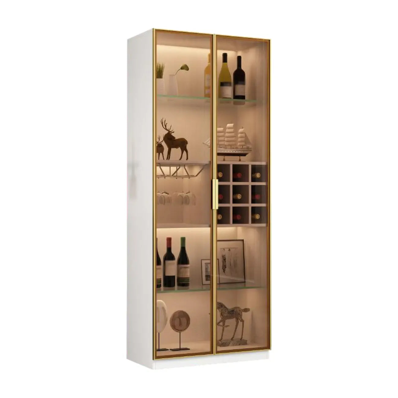 Lighting Black Wooden Floor Wine Cabinet with Glass Doors
