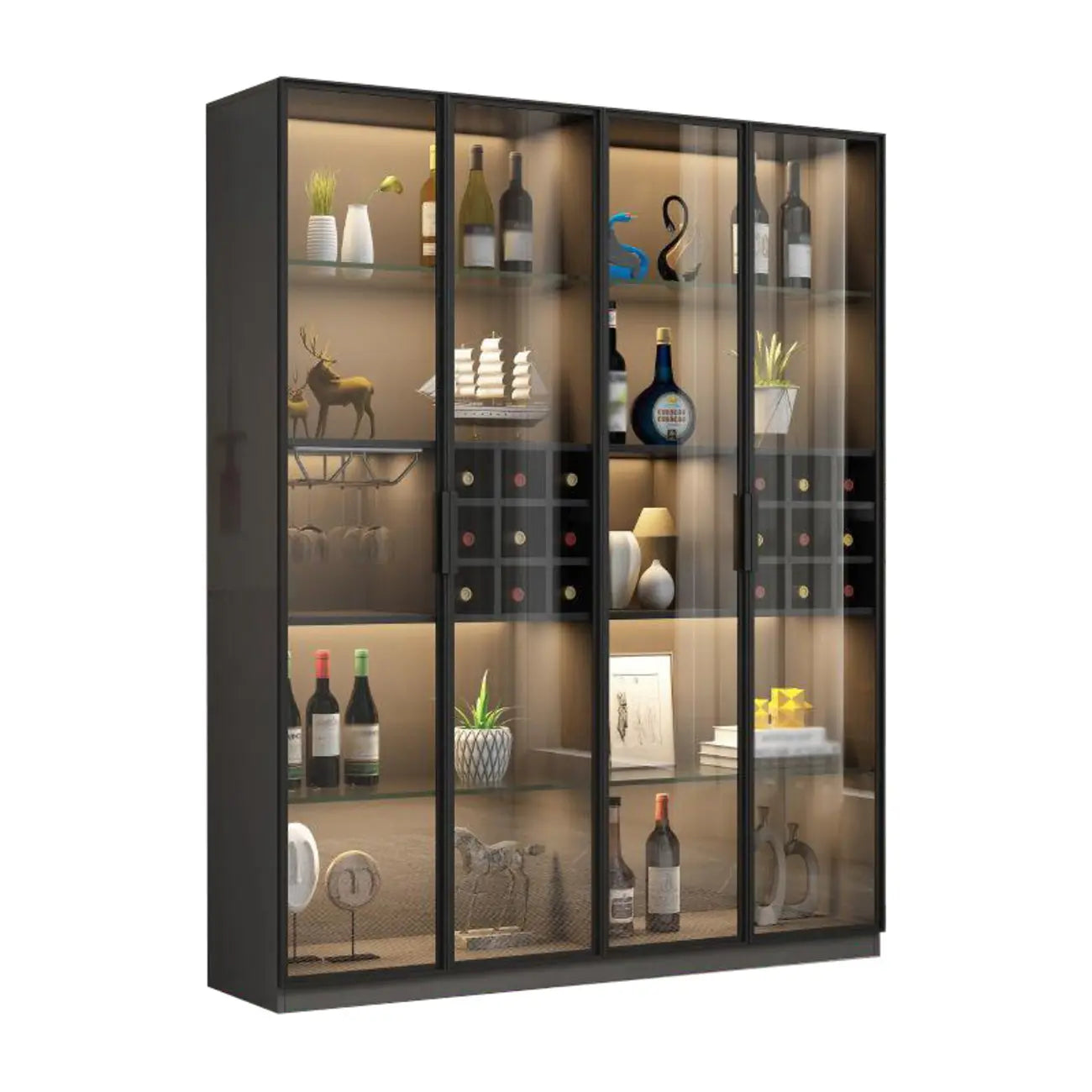 Lighting Black Wooden Floor Wine Cabinet with Glass Doors