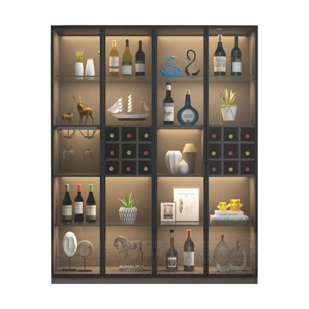 Lighting Black Wooden Floor Wine Cabinet with Glass Doors