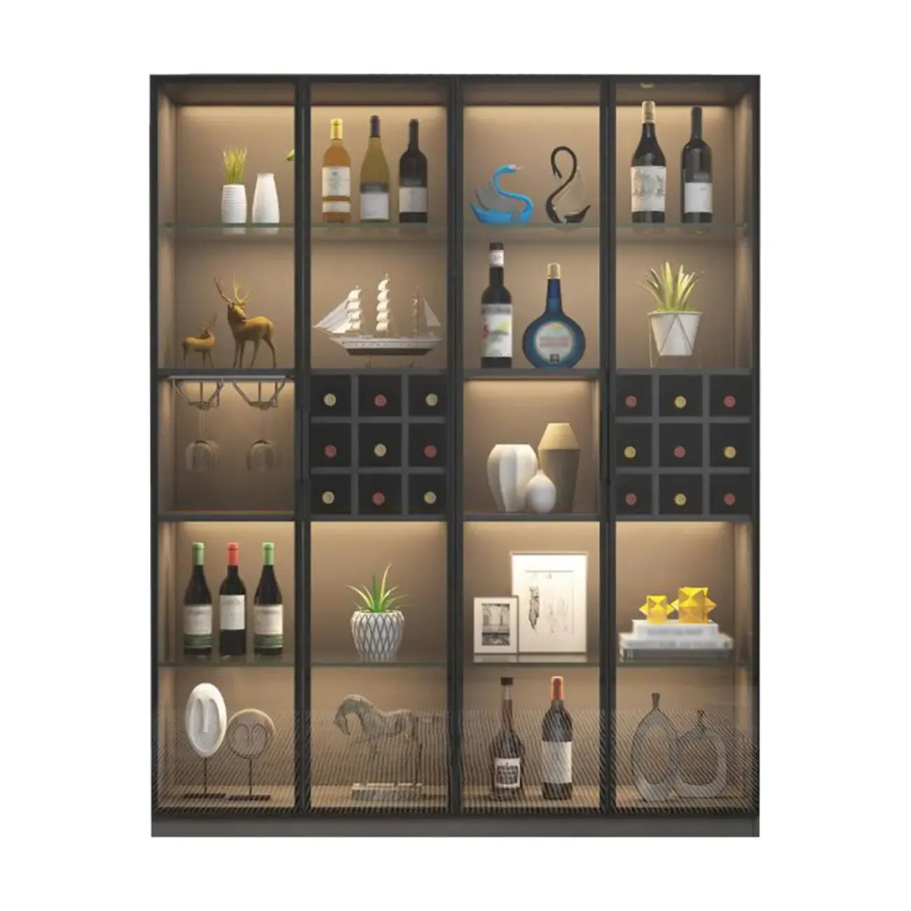 Lighting Black Wooden Floor Wine Cabinet with Glass Doors