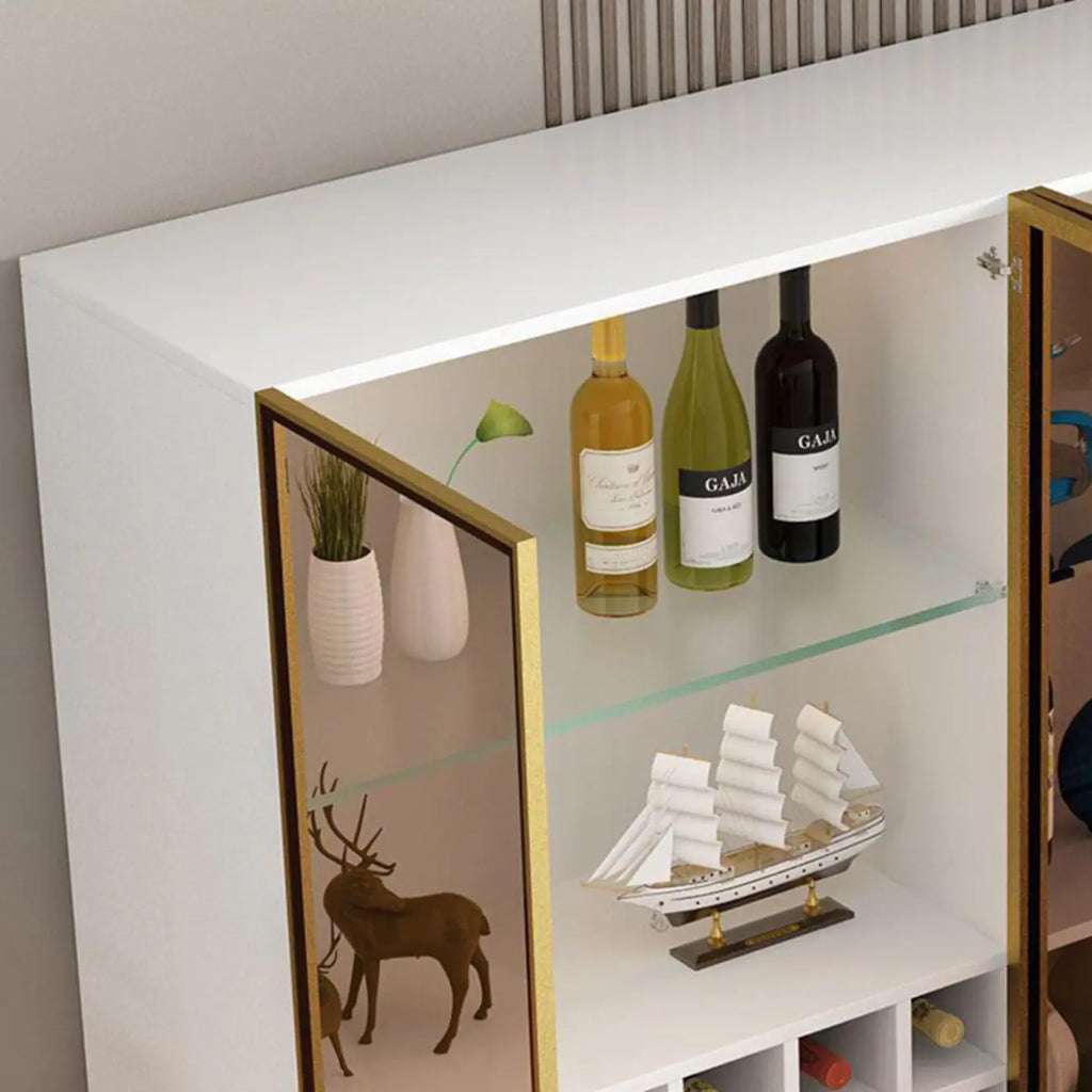 Lighting Black Wooden Floor Wine Cabinet with Glass Doors
