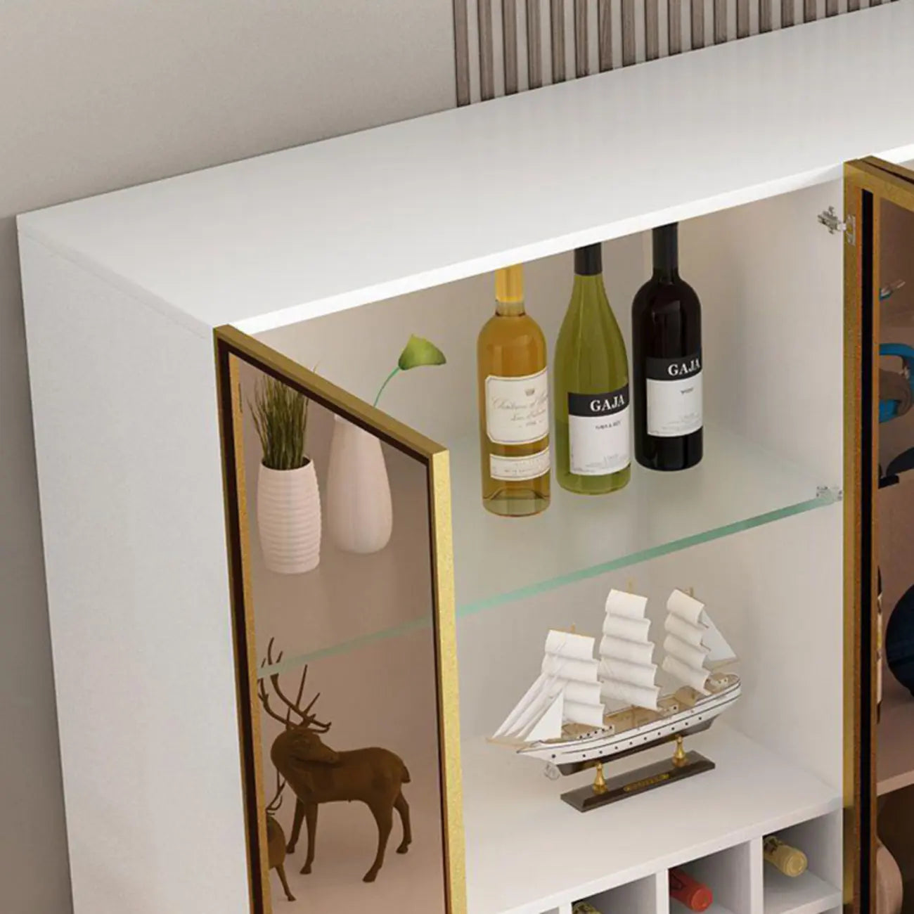 Lighting Black Wooden Floor Wine Cabinet with Glass Doors