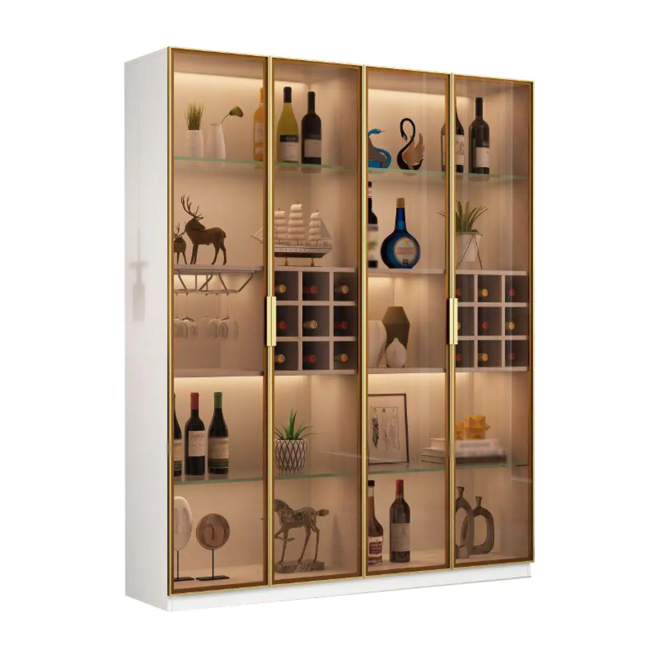 Lighting Black Wooden Floor Wine Cabinet with Glass Doors