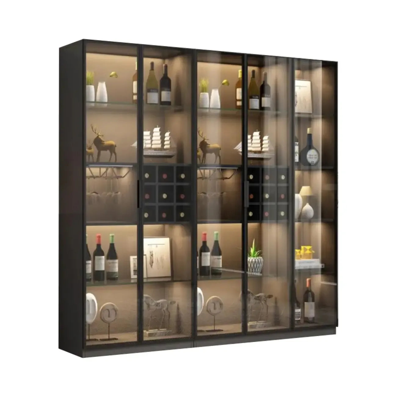 Lighting Black Wooden Floor Wine Cabinet with Glass Doors