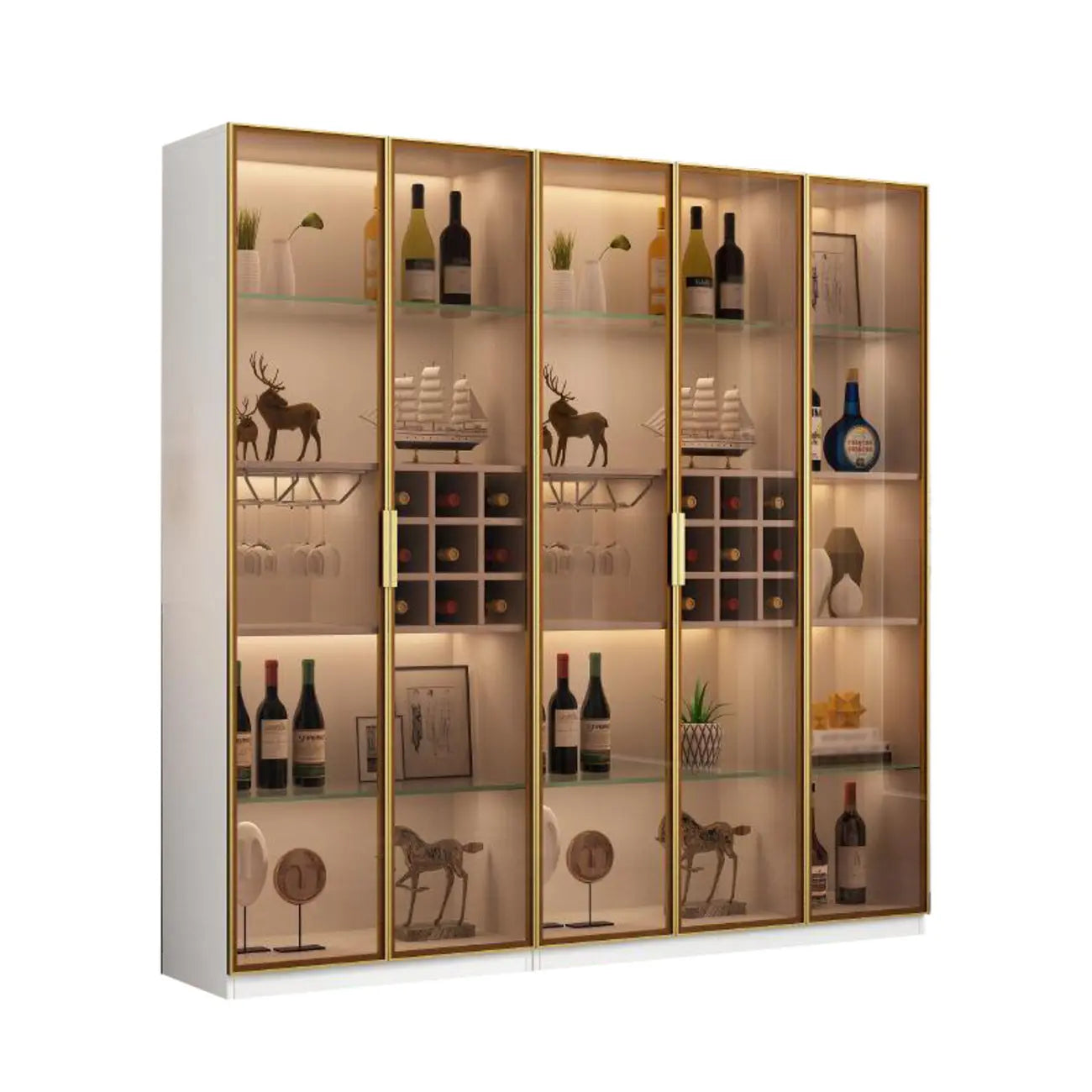 Lighting Black Wooden Floor Wine Cabinet with Glass Doors