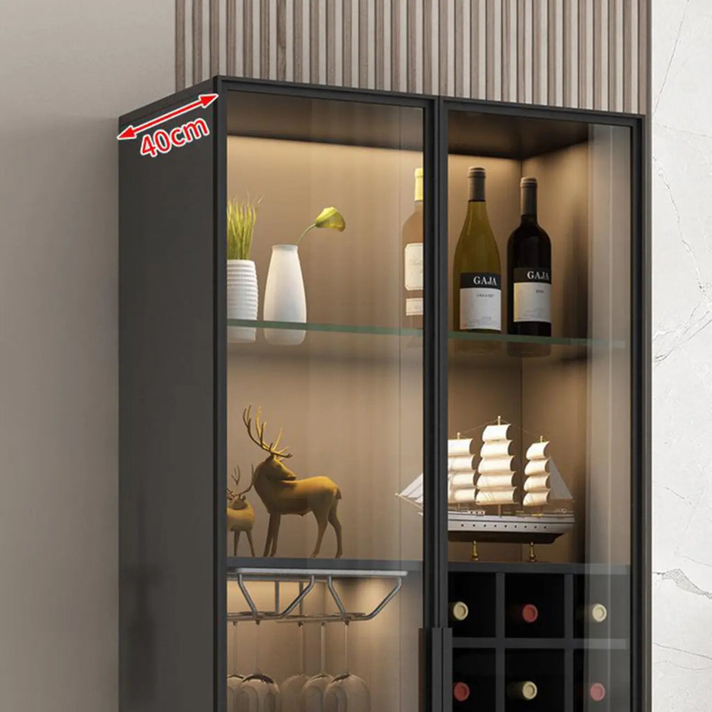 Lighting Black Wooden Floor Wine Cabinet with Glass Doors