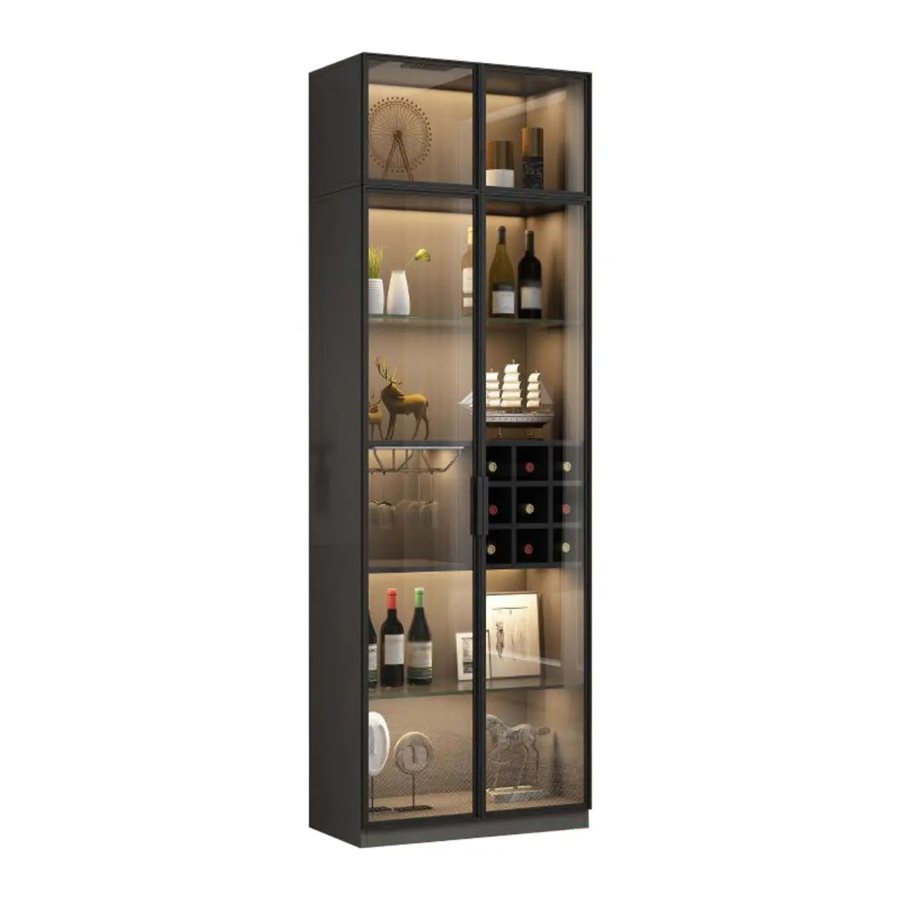 Lighting Black Wooden Floor Wine Cabinet with Glass Doors