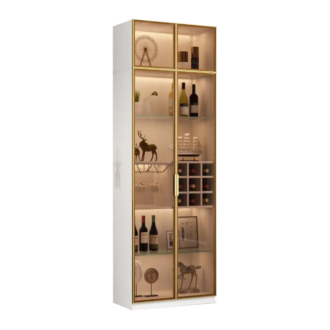 Lighting Black Wooden Floor Wine Cabinet with Glass Doors