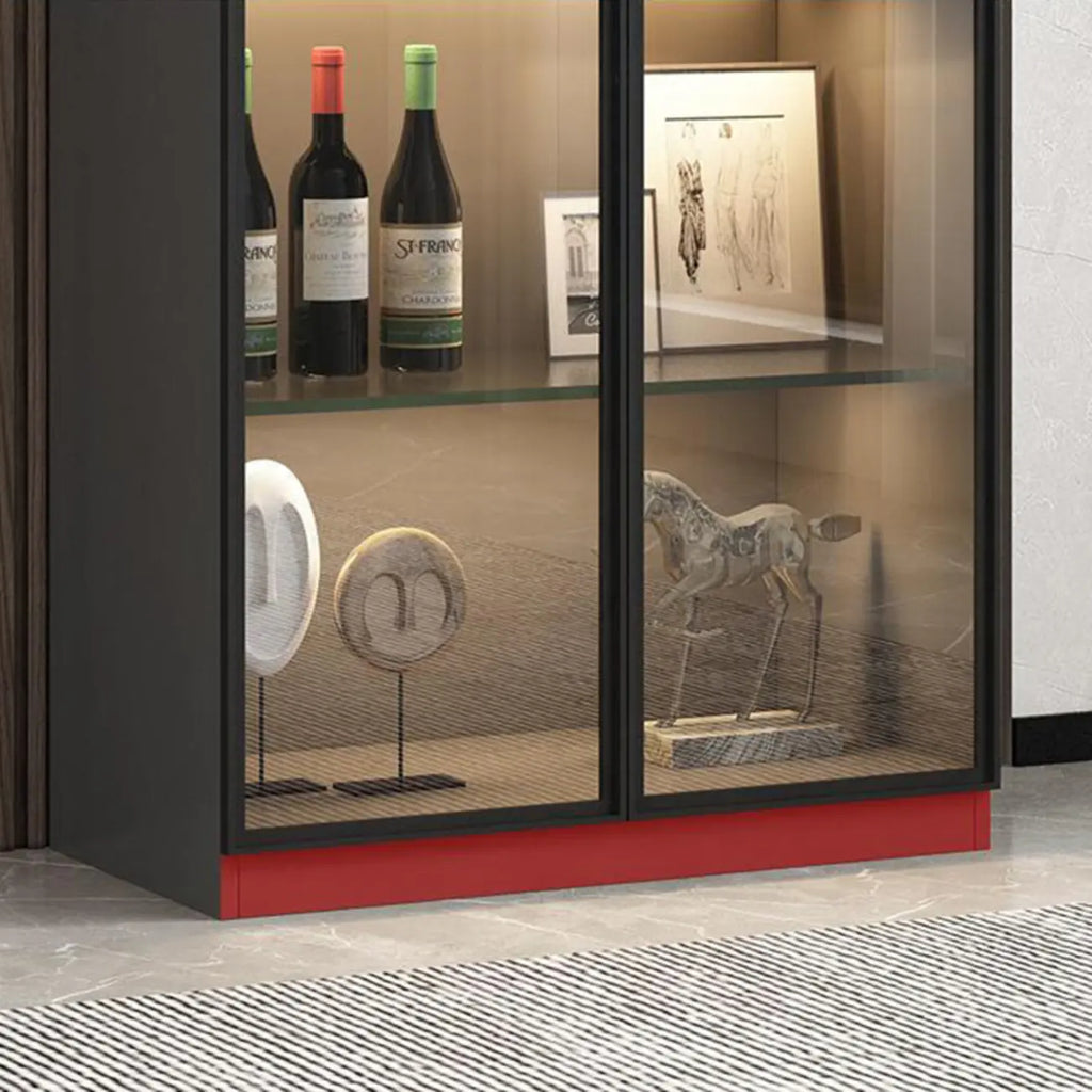 Lighting Black Wooden Floor Wine Cabinet with Glass Doors