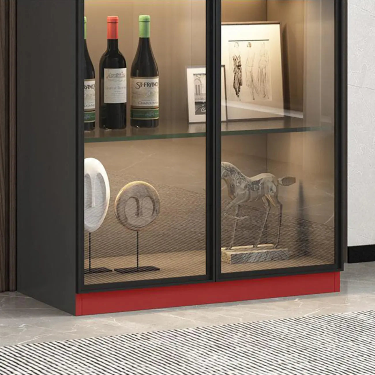 Lighting Black Wooden Floor Wine Cabinet with Glass Doors