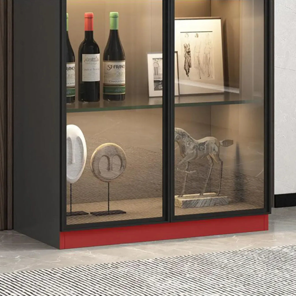 Lighting Black Wooden Floor Wine Cabinet with Glass Doors