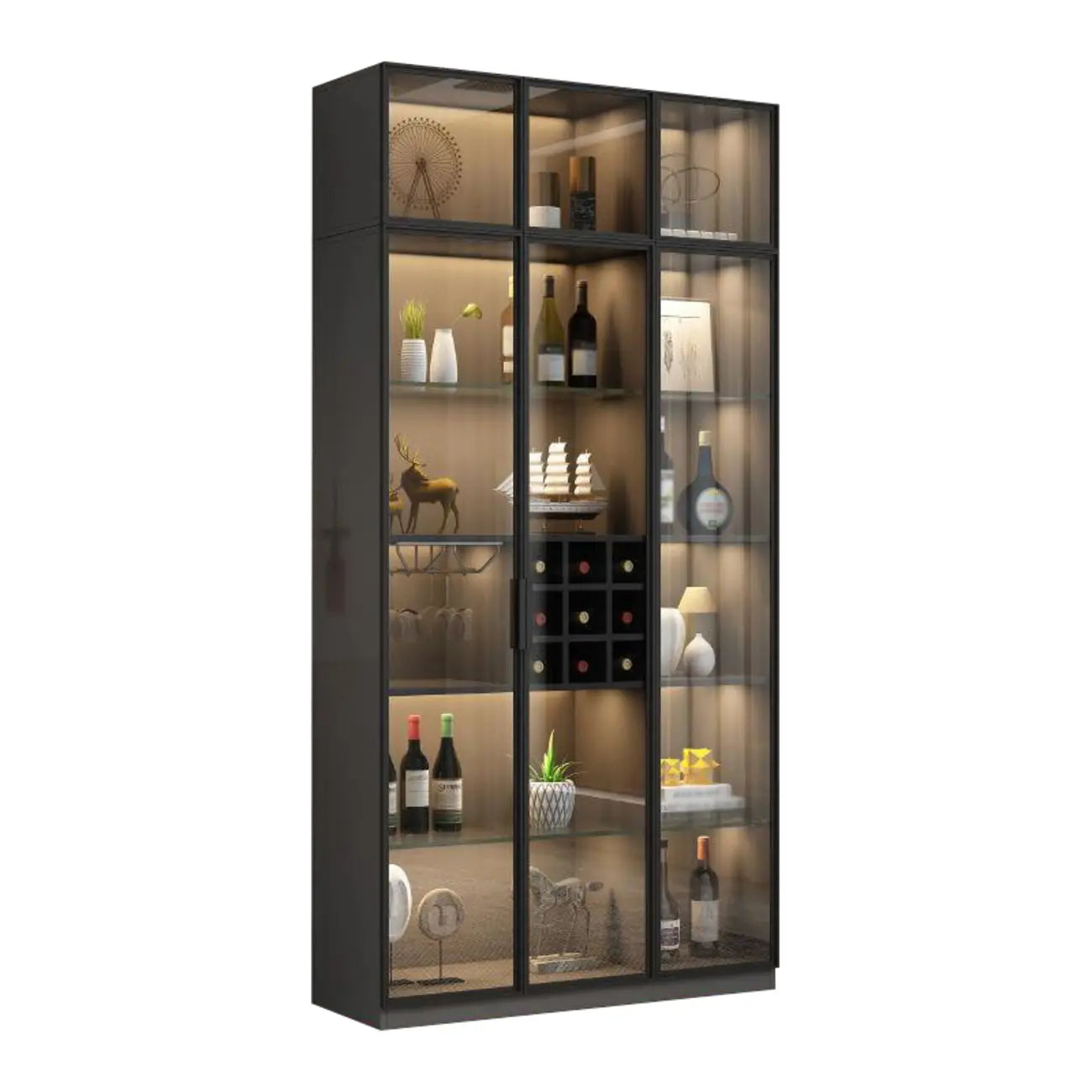 Lighting Black Wooden Floor Wine Cabinet with Glass Doors