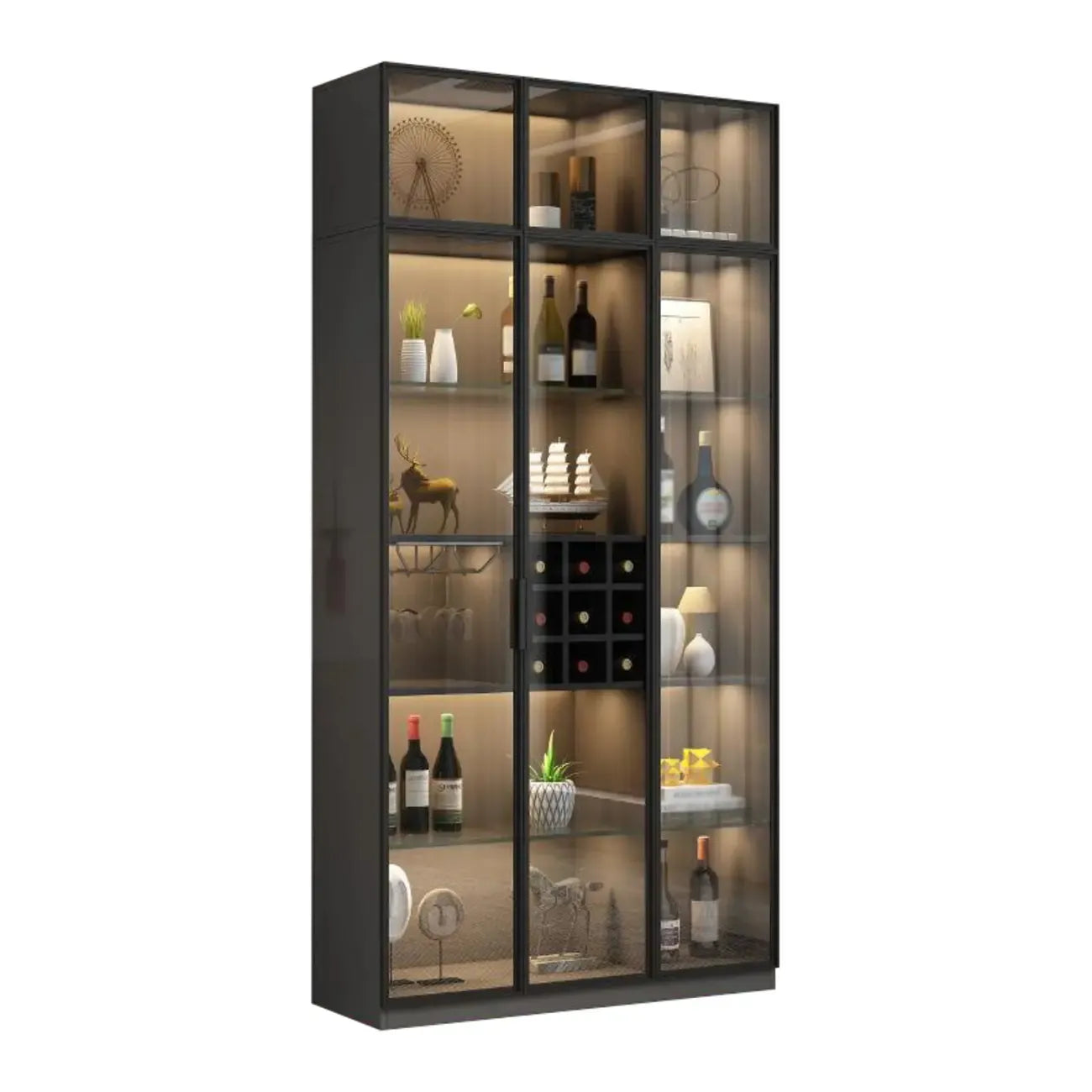 Lighting Black Wooden Floor Wine Cabinet with Glass Doors