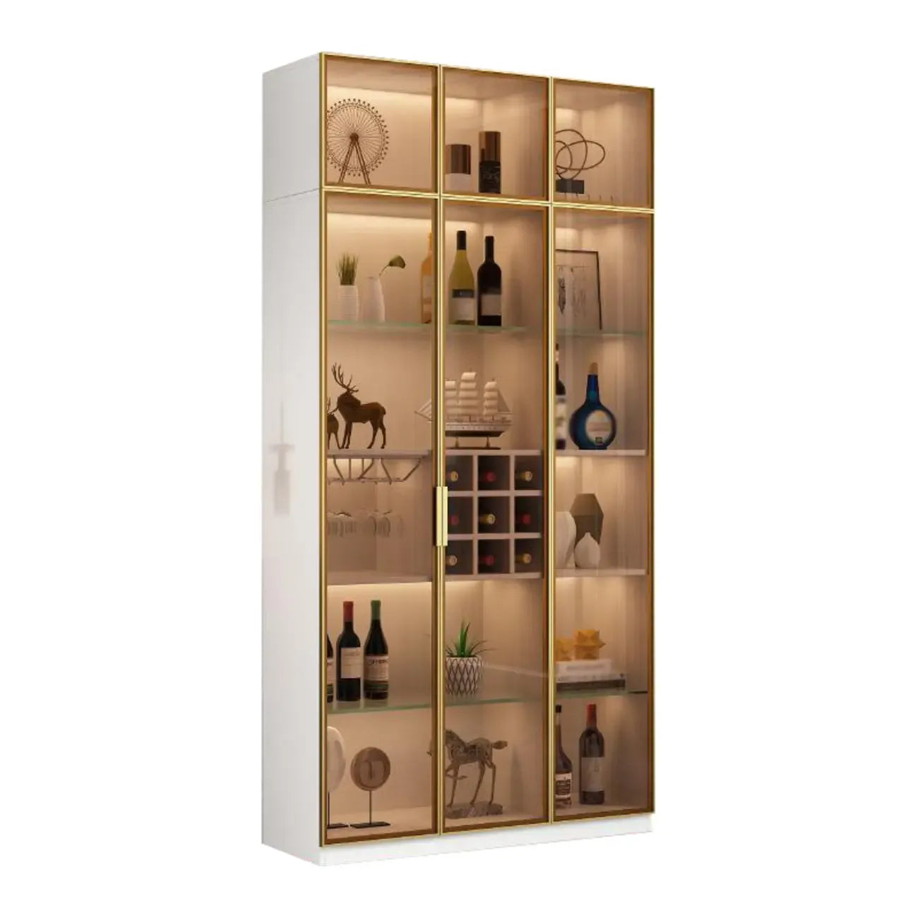 Lighting Black Wooden Floor Wine Cabinet with Glass Doors