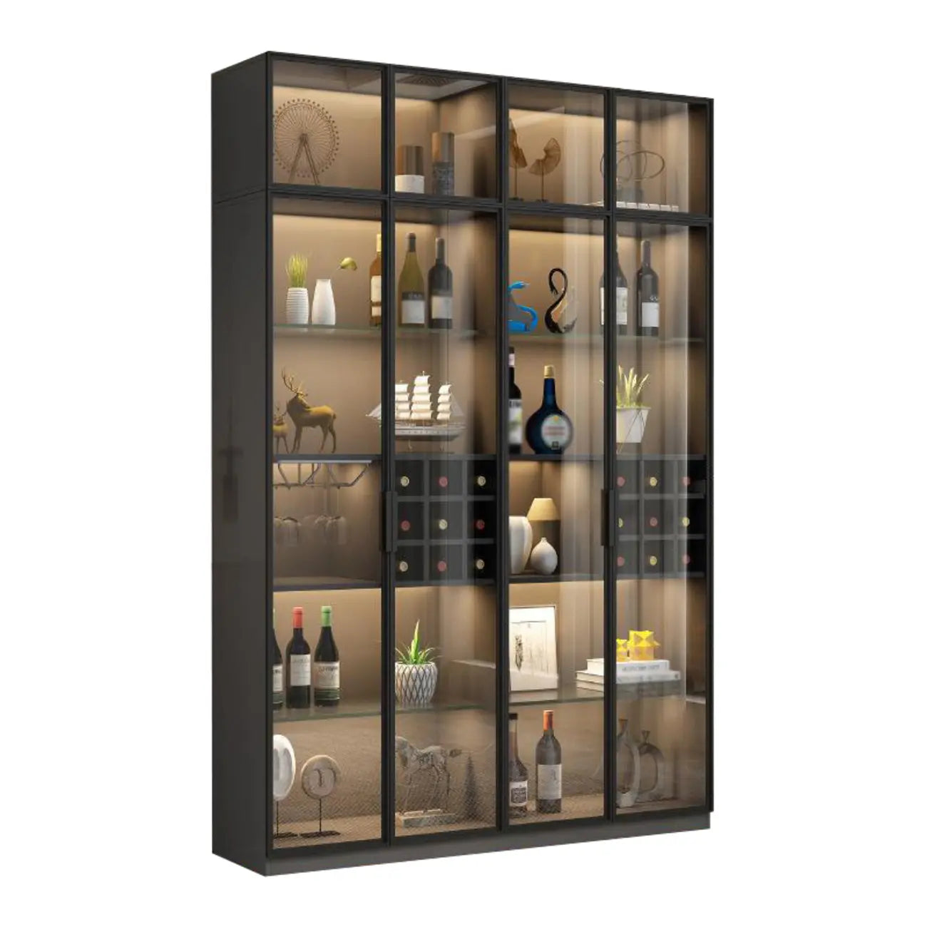 Lighting Black Wooden Floor Wine Cabinet with Glass Doors