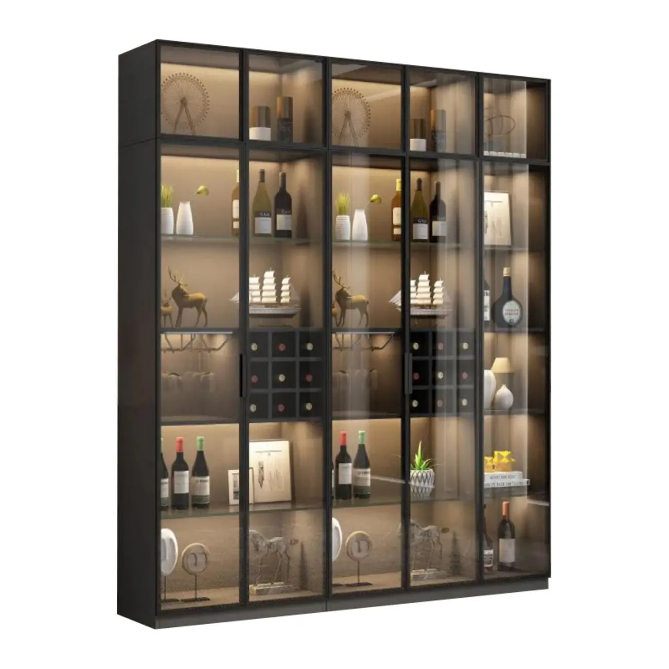 Lighting Black Wooden Floor Wine Cabinet with Glass Doors