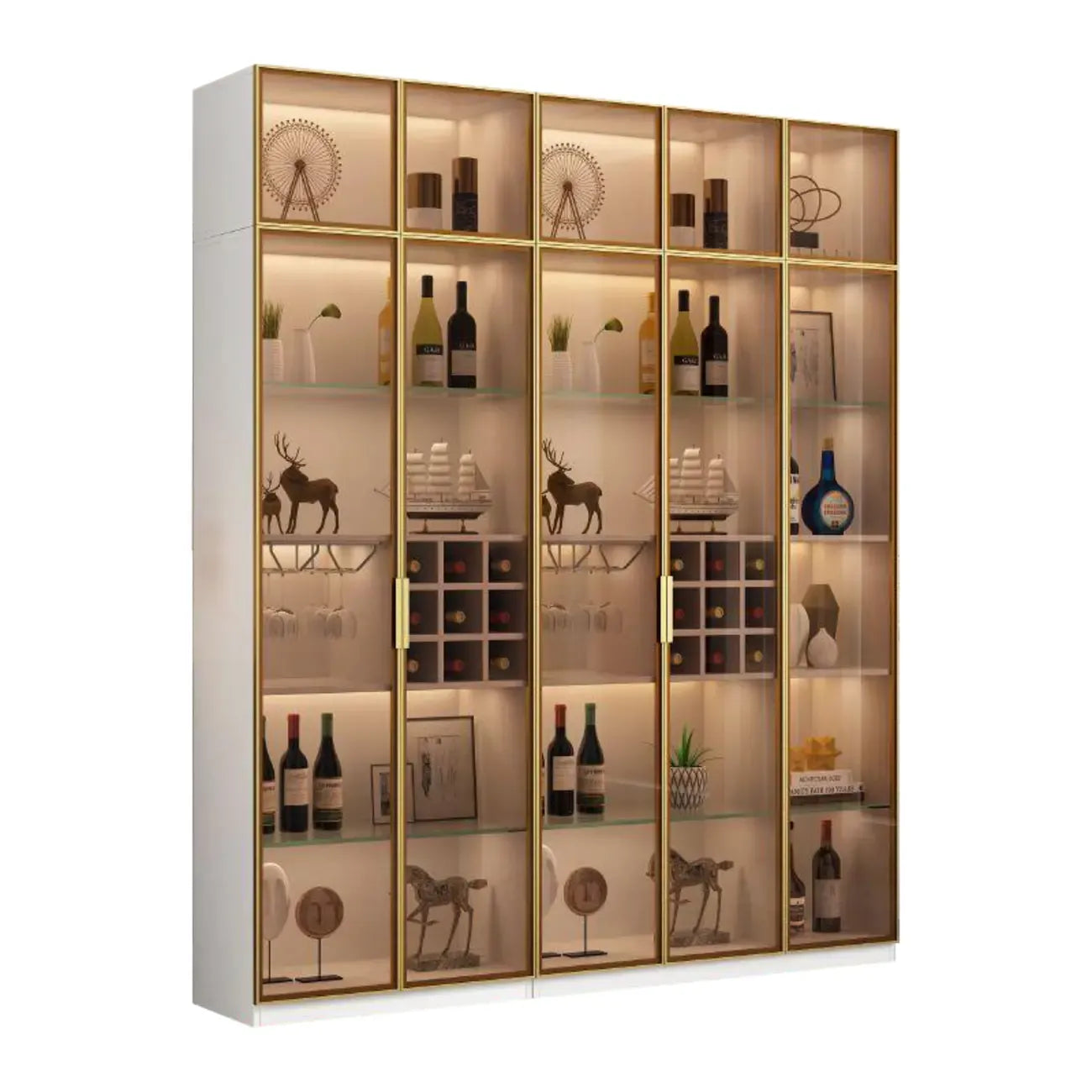 Lighting Black Wooden Floor Wine Cabinet with Glass Doors